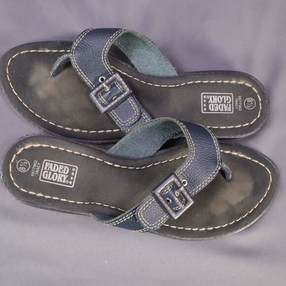 FADED GLORY NAVY BLUE LEATHER STRAP SANDAL FLIP FLOP BUCKLE SIZE 8.5 - Picture 1 of 11